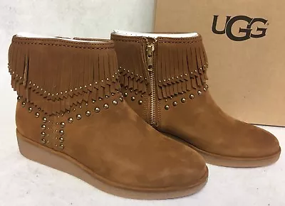 UGG Australia ARIANE FRINGE Chestnut Booties ANKLE Nubuck LEATHER BOOTS 1018638 • $53.99