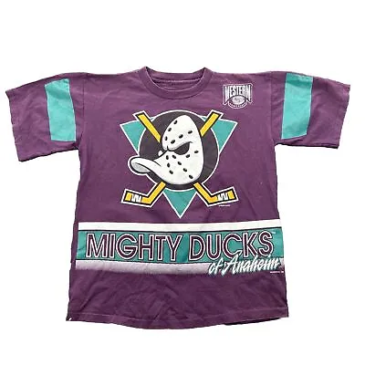 Vintage 90s Anaheim Mighty Ducks T Shirt Adult Sz 41 M Salem Purple Hockey Movie • $42.78