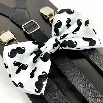 Suspender And Bow Tie Adult Skinny Leather White Mustaches Formal Wear Accessory • $9.99