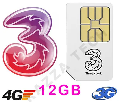 THREE PAYG SIM CARD WITH 12GB DATA PRE-LOADED For MIFI Dongle Tablet 5G 4G 3G • £29.99