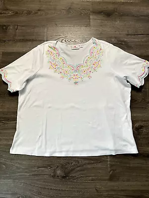 Quacker Factory Top Womens 3X Embroidered Butterfly Shirt Scalloped V Neck • $24.99