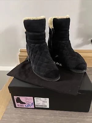 Authentic Chanel Ladies Black Leather Suede Quilted High Top Boots Sz 38.5/ 5.5 • £350