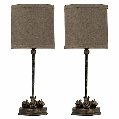 £29.99 • Buy Set Of 2 Bronze Resin Mouse Table Lamps Bedside Lights With Dark Grey Shades
