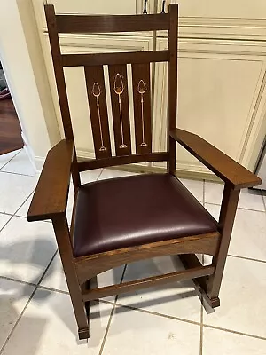 Stickley Harvey Ellis Collection Inlaid Oak Wood And Leather Rocking Chair • $950