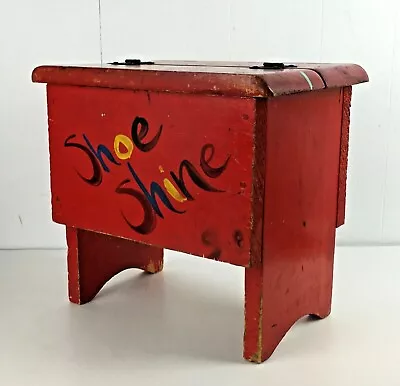 Vintage SHOE SHINE Box Bench Stool Seat Wood Red Handmade Wooden Amish Decor • $97.19