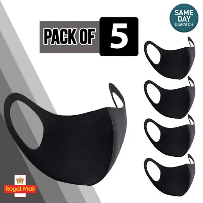5 Black Face Masks Reusable Washable Stretchable Face Protection/Covering PPE UK • £3.10