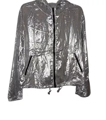 Forever 21 Luxe Sport Womens Jacket Silver Metallic Hooded Full Zip Pockets L • $11.23