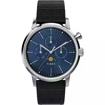 Timex Marlin Quartz Moon Phase Watch Black Leather Navy Dial TW2W51200 • $148