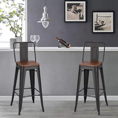 2/4 Kitchen Cafe Metal Counter Stools Rustic Wood Seat Bar Stool Breakfast Chair • £89.95