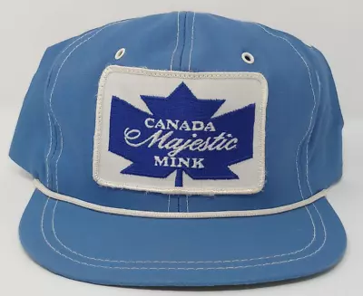 Vtg. Canada Majestic Mink Snapback Flat Brim Hat Embroidered Patch On Light Blue • $22.69