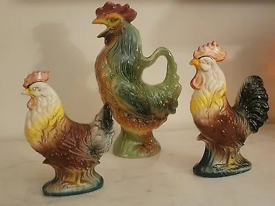 1900s French Majolica Tall Rooster Pitcher & Set Of Chicken & Rooster Figurines  • $95