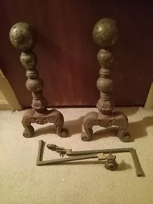 Vintage Brass(?) & Cast Iron(?) Set Of Andirons Heavy 8 X 18  Fireplace Antique  • $59.99