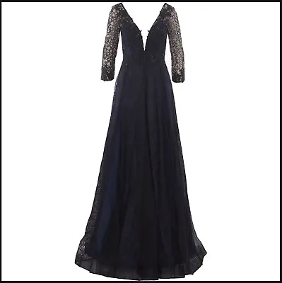 BNWT UK12 Navy Beaded Prom Dress Long-sleeved Backless Full Length Maxi Gown • £60