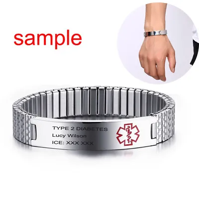 £9.59 • Buy Stretch Women Medical Alert ID Cuff Bracelet Watch Band Cuff Customize Engraving