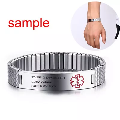 Stretch Women Medical Alert ID Cuff Bracelet Watch Band Cuff Customize Engraving • £10.19