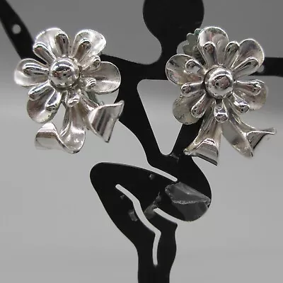 Vintage Barclay Earrings Silver Tone Floral Bow Clip On .75 Inch • $18