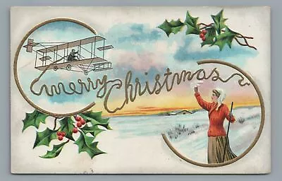 Antique Airplane Biplane Aviation Merry CHRISTMAS Vintage Postcard • $5.99