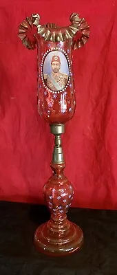 Antique Moser Enameled Bohemian Glass Cranberry Candle Lamp Rare Shah Of Persia • $388.88