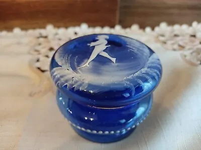 Antique Victorian MARY GREGORY COBALT Blue Glass Jewelry Trinket Box Casket  • $89