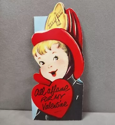 Vintage Die Cut Valentines Day Card 1950s Little Fireman All Aflame Used • $6.75