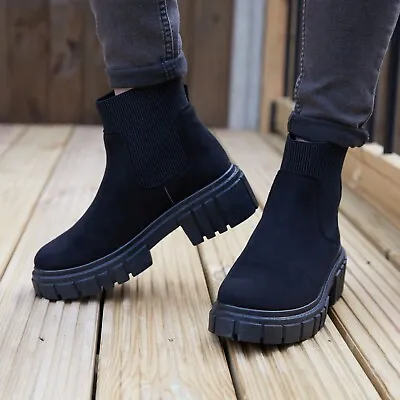 £20.90 • Buy Ladies Womens Flat Chunky Sole Platform Chelsea Slip On Sock Ankle Boots Shoes