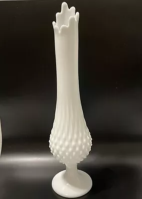 Vintage White Milk Glass Hobnail Pedestal Swung Vase 9 Finger 14 Inches Tall • $39