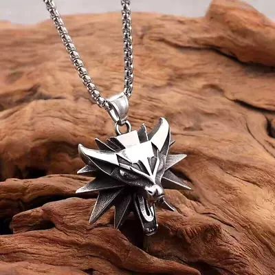 Mens Silver Witcher Wolf Head Pendant Necklace Punk Biker Jewelry Chain 24  Gift • $3.99