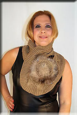 New Taupe Knit Scarf Fox Fur Rosette Efurs4less • $9.99