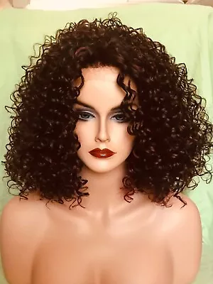 Lace Front Wig - Dark Brown With Cherry Red Throughout Hair Piece Curly Texture • $40