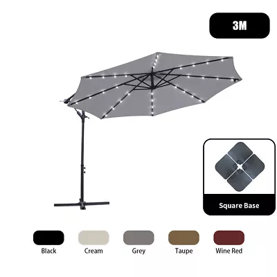 3m Banana Parasol Garden Sun Shade Canopy Patio LED Cantilever Umbrella Base • £172.95