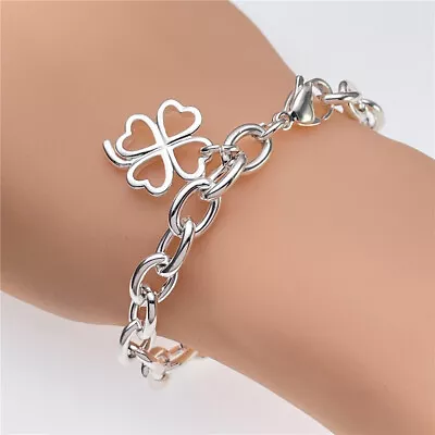 925 Sterling Silver Filled Clover Dangle Charm Bracelet Bangle Womens Jewelry • $6.98