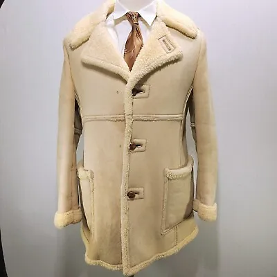 Vtg 1970s Mens Sheepskin Coat Sz S - M Marlboro Man Suede Leather Tan Shearling • $65