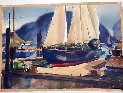 Original Dbl- Sided Vintage Watercolors By R.G. Smith~Ca. 1950s Harbor Sailboat • $1000