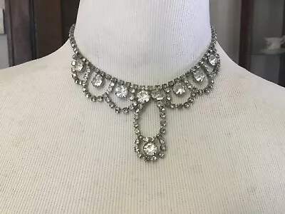 Vintage Faceted Pronged Rhinestone Silver Tone Bib Necklace 15  • $10