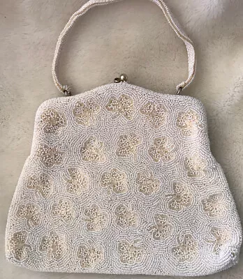 MAGID Purse Vintage White BEADED Clover Design Clutch With BEADED STRAP EUC • $15.50