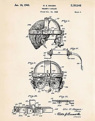 1940 Goggles Patent Print Steampunk Art Decor Steampunker Design Steam Punk • $9.95
