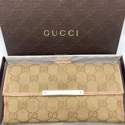 Auth Used GUCCI Purse Cow Leather Long Wallet Canvas 0353G Brown Button X • $50.40