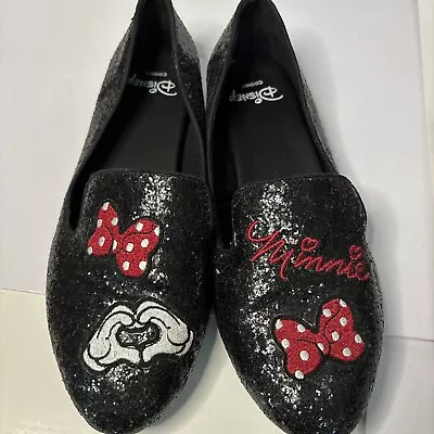 Disney Minnie Mouse Glitter Flats Sz 11WW Embroidered Shoes Bows Heart Hands • $27.97