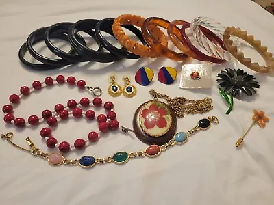 Vintage Jewelry Lot  Scarabs Bangles Lucite Bakelite Enamel Bangles Earrings • $24.50