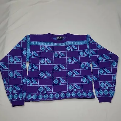 VTG 80s 90s Sweater Abstract Ski Sweater Purple Geometric Size Medium • $17.49