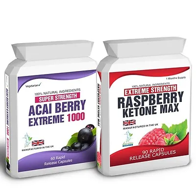 90 Raspberry Ketone Plus 60 Acai Berry 1000 Pills Free Weight Loss Dieting Tips • £10.50