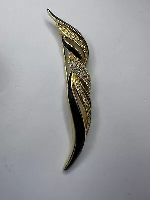 Vintage Swarovski Crystal Black Enamel Rhinestone Gold Tone Brooch Pin~ Preowned • $25