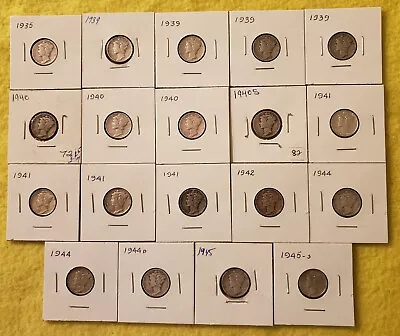 Lot Of 19 Mercury Dimes 1935-1945 90% Silver Circulated • $0.99