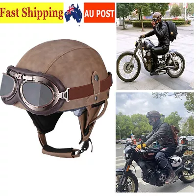 Vintage Motorcycle Retro Half Helmet Scooter Bike Cruiser W/ Goggles Leather AU • $94.87