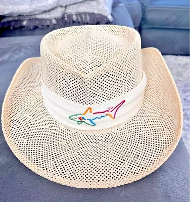 Vintage Greg Norman Shark Logo Straw Golf Sun Hat Reebok • $28