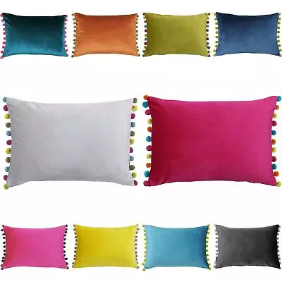 £11.95 • Buy Fiesta Cushion Covers Velvet Pom Poms Trim Boudoir Cushions Cover By Paoletti