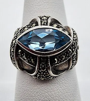 Sterling Silver 925 Marcasite Swiss Blue Topaz Cocktail Sz 8 Ring Ag 23379 • $75