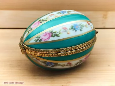 Limoges Porcelain Egg Shaped Teal/Green (7cm)-Vintage Trinket/Pill/Jewellery Box • £39.99