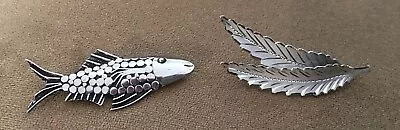 Wonderful Old Estate Vintage 925 Sterling Silver Fish & Leaf PIN Brooch Lot Of 2 • $19.95