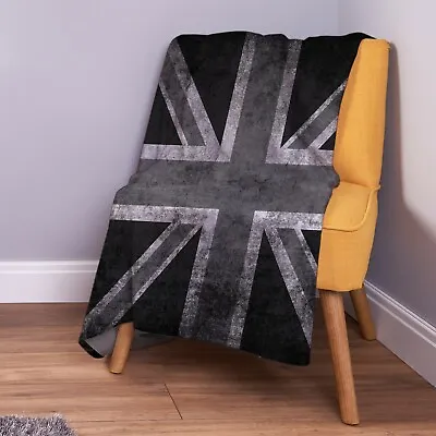 Grunge Black & White Union Jack Design Soft Fleece Throw Blanket • £33.99